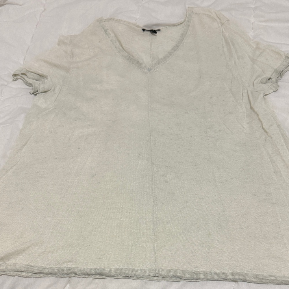 Eileen Fisher Tri-Blend Cream-Gray V-Neck Short Sleeve Top - Picture 15 of 15